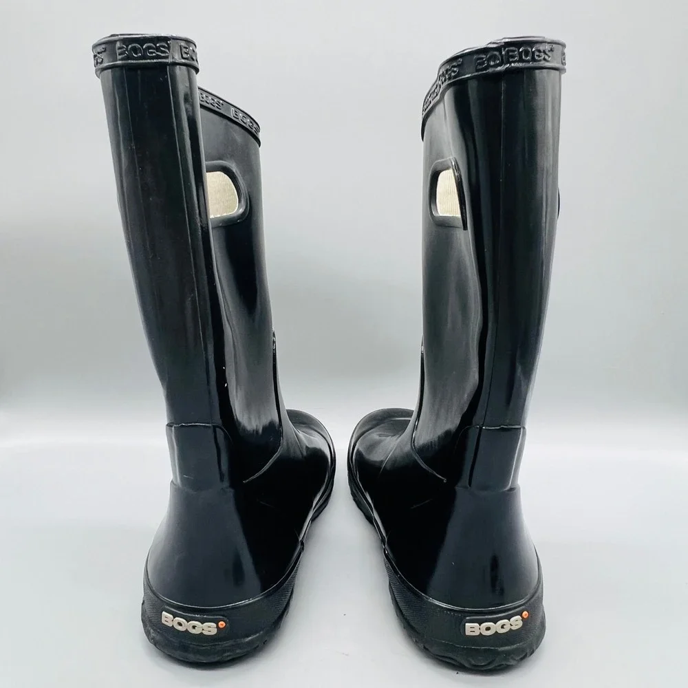Bogs Boots Youth 6 Black Rubber Patent Waterproof Tall Pull On Handle Rain Shoes